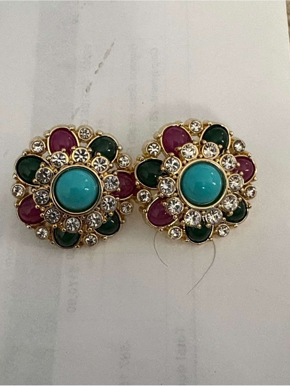 Gold-Plated Floral pierced Earrings with Turquoise, Pink & Green Accents
